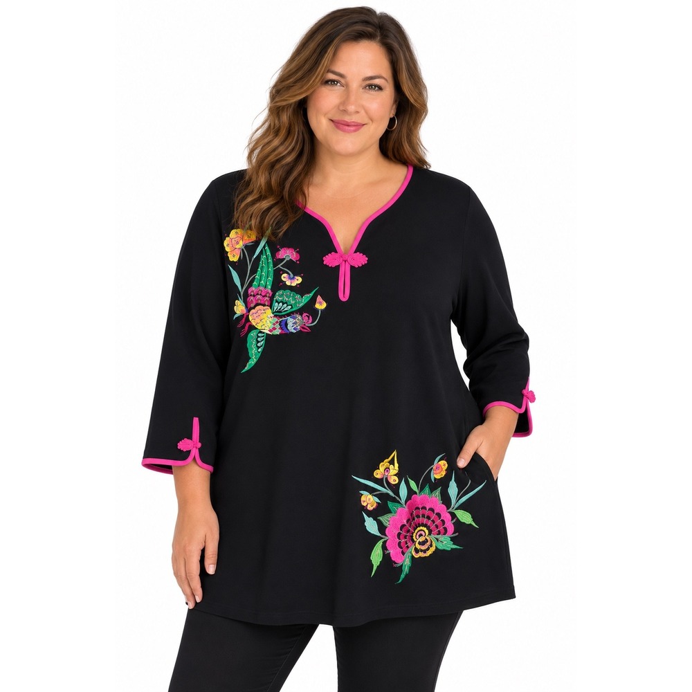 Yi Lin Black Embroidered Floral Hummingbird Cotton Tunic Top Pink Trim 1X NEW